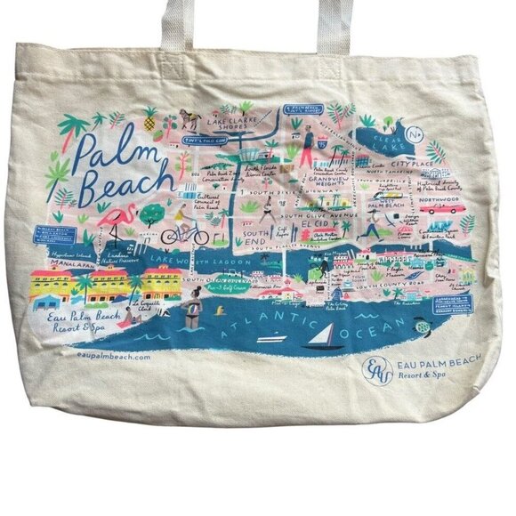 EAU Palm Beach Resort Canvas Tote Beach Bag Map Libby VanderPloeg 20x14 - Picture 3 of 6